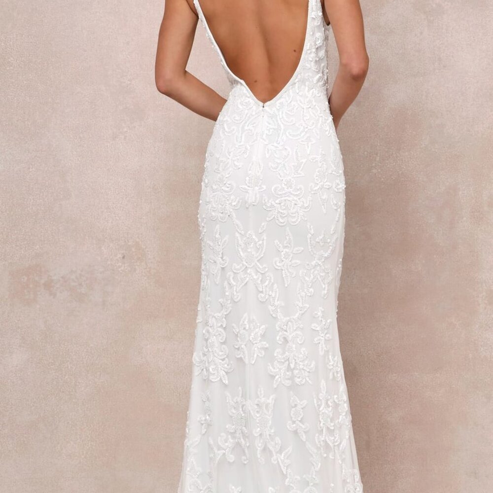 Lulus - Everlasting Passion White Sequin Beaded Backless Maxi Dress - Small